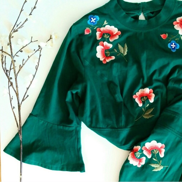 eshakti Dresses & Skirts - Eshakti Green Embroidered bell sleeve dress Sz 16
